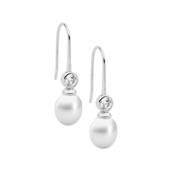 Ellani Silver Pearl & CZ Hook Earrings