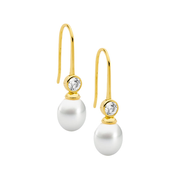 Ellani Gold Plated Pearl & CZ Hook Earrings