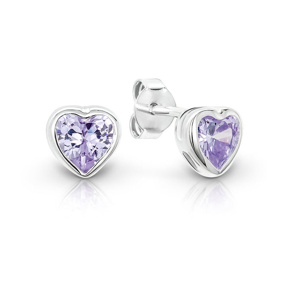 Sterling Silver Lavender CZ Heart Stud Earrings
