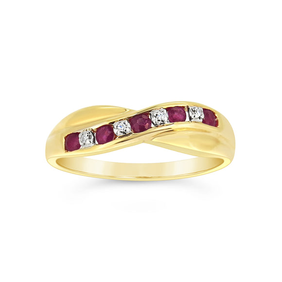 9ct Gold Diamond & Ruby Cross Over Ring
