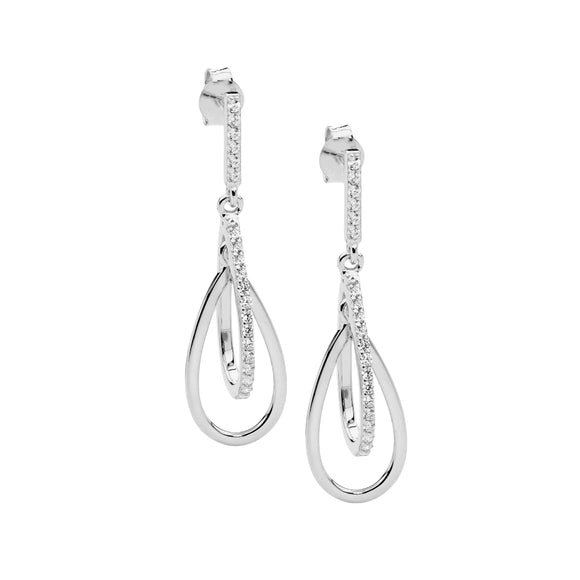 Ellani Silver CZ Double Loop Drop Earrings