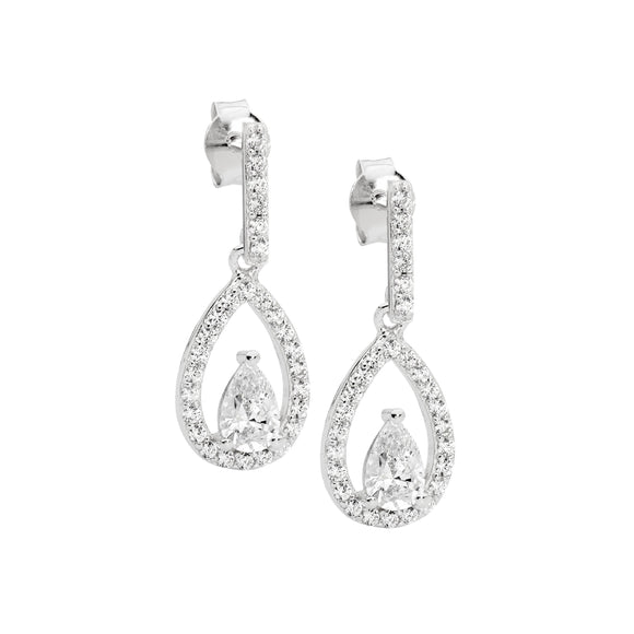 Ellani Silver CZ Pear Open Drop Earrings