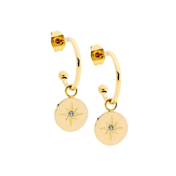 Ellani Gold Steel Hoops with Star CZ Disc