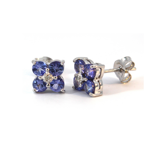 Tanzanite & Diamond 4 Petal Flower Stud Earrings