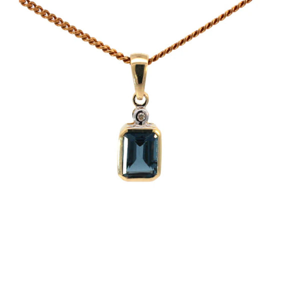 9ct Gold Emerald Cut Blue Topaz & Diamond Pendant