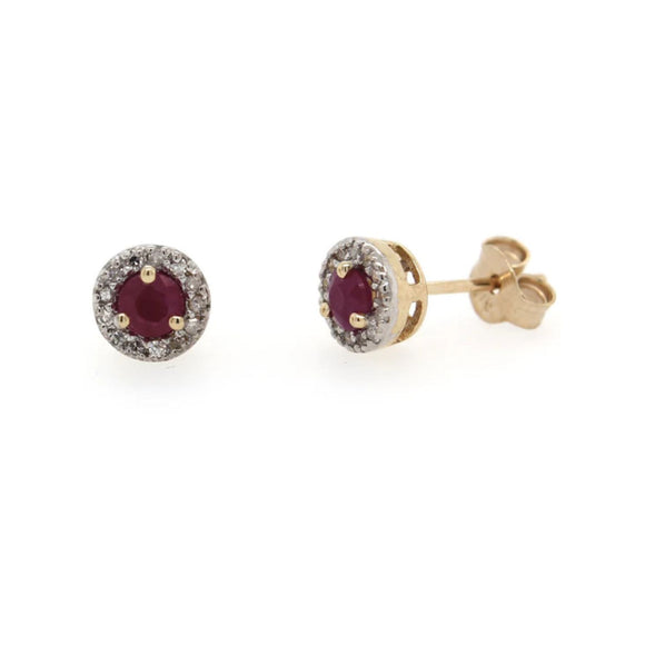 Yellow Gold Ruby & Diamond Halo Stud Earrings