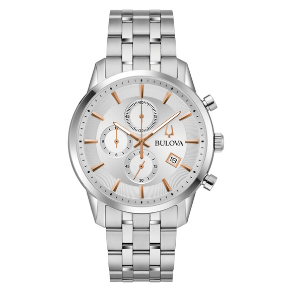 Bulova Gents Steel Chronograph with Rose Accents