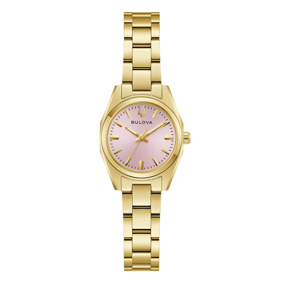 97L187 Bulova Ladies Gold Pale Pink Dial Watch and gold link bracelet.