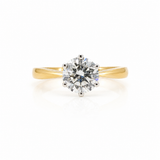 The classic solitaire - always a favourite! 1 x Lab grown Brilliant Cut Diamond 1.18ct.  6 x claw setting in 9ct white gold. Mount: 9ct Yellow Gold.