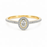 Elegance at first glance.This classic 9ct yellow gold bezel set oval natural diamond is surrounded by a halo and shoulders set with yet more sparkling diamonds.