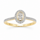 Elegance at first glance.This classic 9ct yellow gold bezel set oval natural diamond is surrounded by a halo and shoulders set with yet more sparkling diamonds.