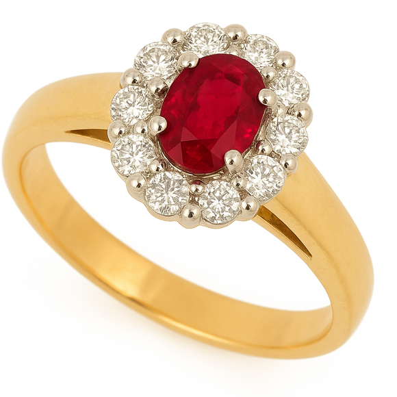 Stunning NZ made ruby and diamond cluster ring, Nice solid 9ct gold mount, yellow gold band with white gold settings. Oval natural ruby centre stone. 