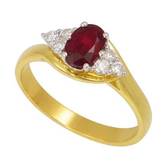Beautiful classic NZ made ruby and diamond ring. Features a natural ruby centre stone with 6 sparkling diamonds and a 9ct gold band.