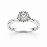 Pretty diamond flower cluster engagement ring in 9ct white gold with twist details on shoulders.