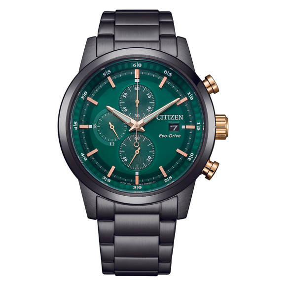 CA0746-85X Men's Eco-Drive Black Steel Chronograph Watch, green dial with gold details,