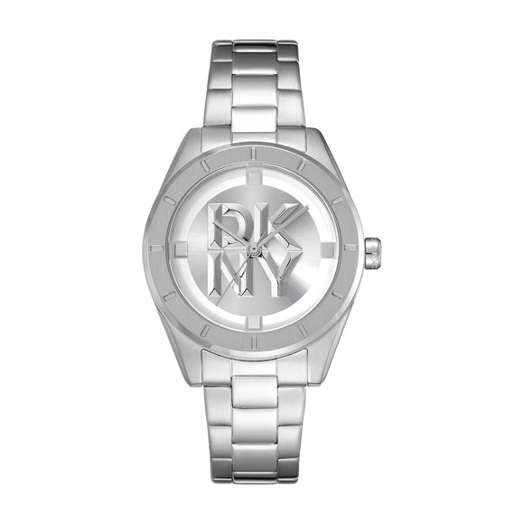 'Logo Chambers Midi' Ladies Silver DKNY Watch. Stainless steel 34 mm case. Colour: silver. Free delivery within NZ. 2 year warranty.  DKNY logo feature on dial.
