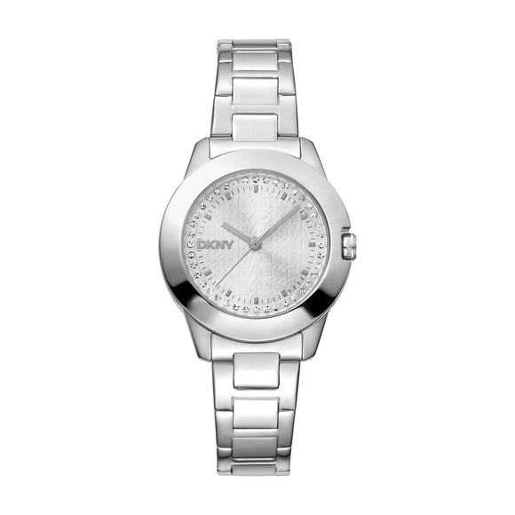 Everyday ladies silver 'Park Ave Logo' DKNY watch. 2yr warranty and free delivery within NZ. Colour silver.  Crystals on dial.