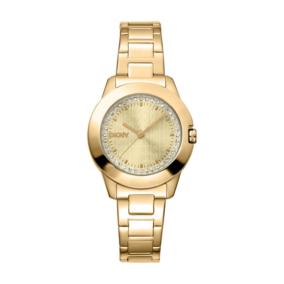 Everyday 'Park Ave Logo' DKNY watch. 2yr warranty and free delivery within NZ. Colour Gold. Glitzy crystal set dial.