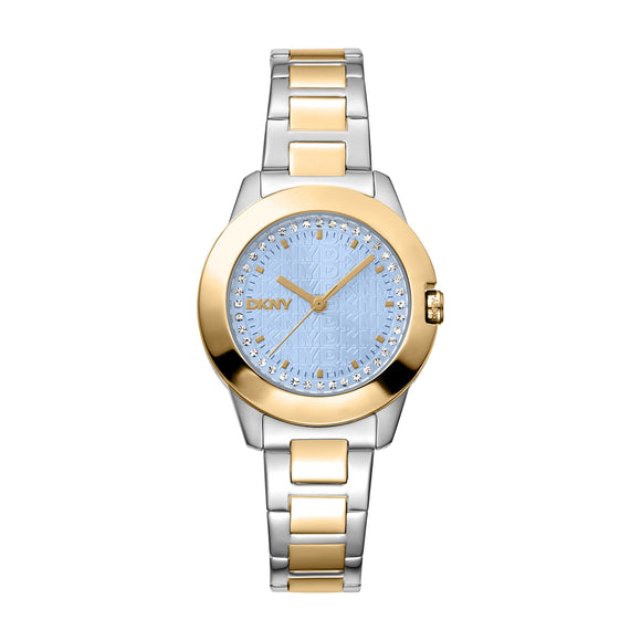 Ladies DKNY watch with two-tone gold and silver case and bracelet.  Pale blue dial with DKNY logo imprinted and crystals around outer edge.