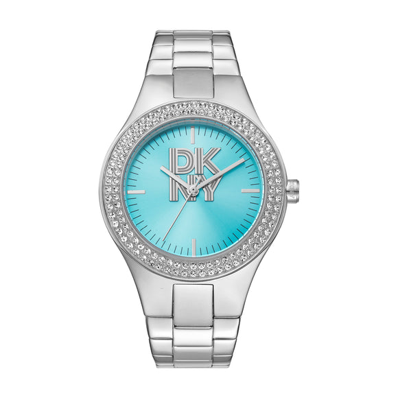Silver DKNY ladies watch with teal blue dial and crystals around bezel.  Linked bracelet.  Free delivery NZ wide.
