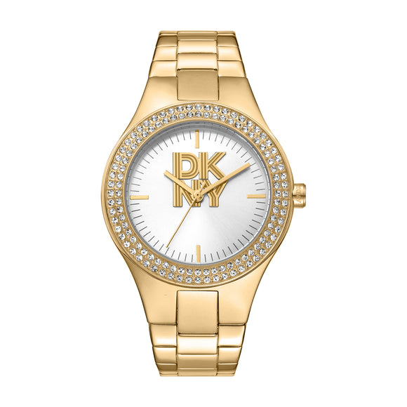 'Evening Parsons Glitz' ladies DKNY watch. 2yr warranty and free delivery within NZ. Colour gold. Sparkly crystal set bezel.