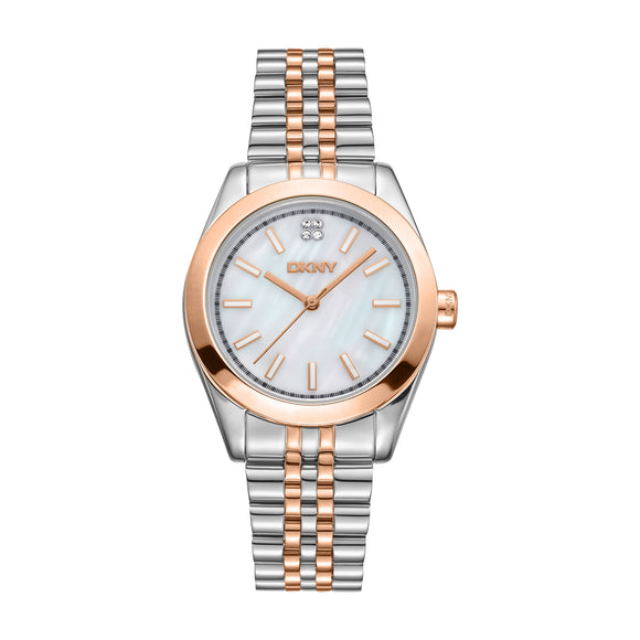'Everyday Nolita Midi' DKNY watch. 2yr warranty and free delivery within NZ. Colour: two tone silver and rose gold.