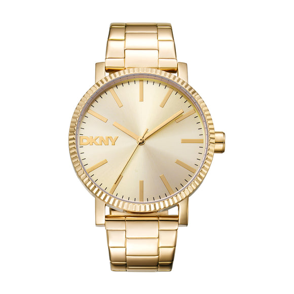 'Urban Soho Maxi' DKNY watch. 2yr warranty and free delivery within NZ. Colour gold.  Large case size, linked bracelet.  DKNY logo at 9 o'clock on dial. 
