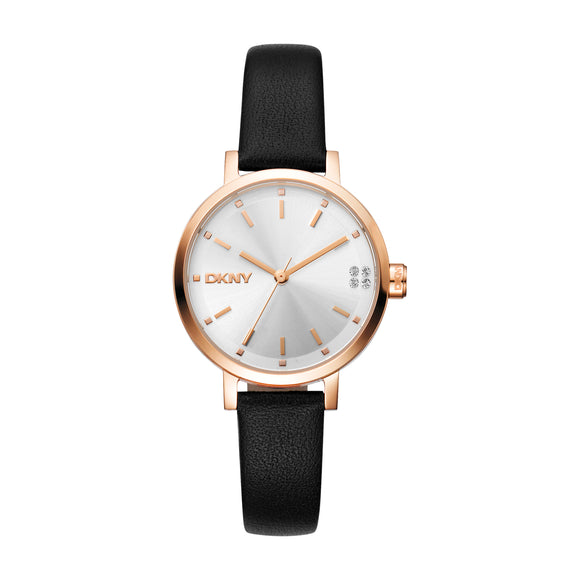 'Urban Soho Glitz' DKNY watch. 2yr warranty and free delivery NZ wide. Colour Rose gold with black leather strap.