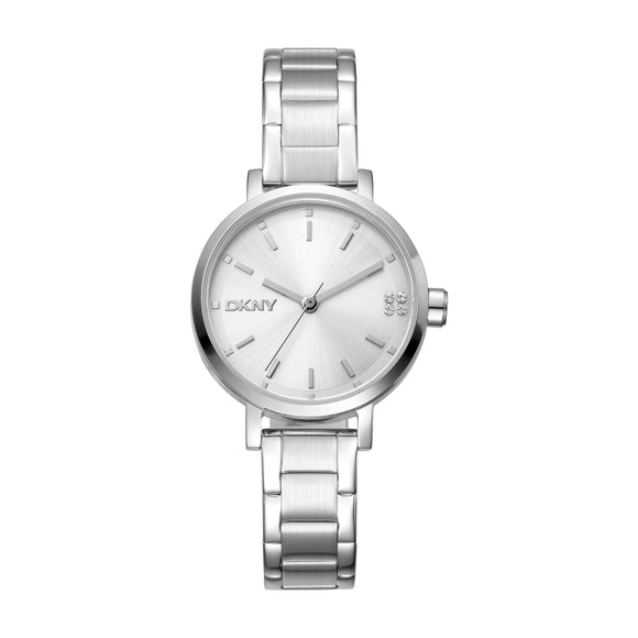 Ladies DKNY silver watch with linked bracelet, crystals at 3 o'clock on dial and DKNY logo at 9 o'clock.