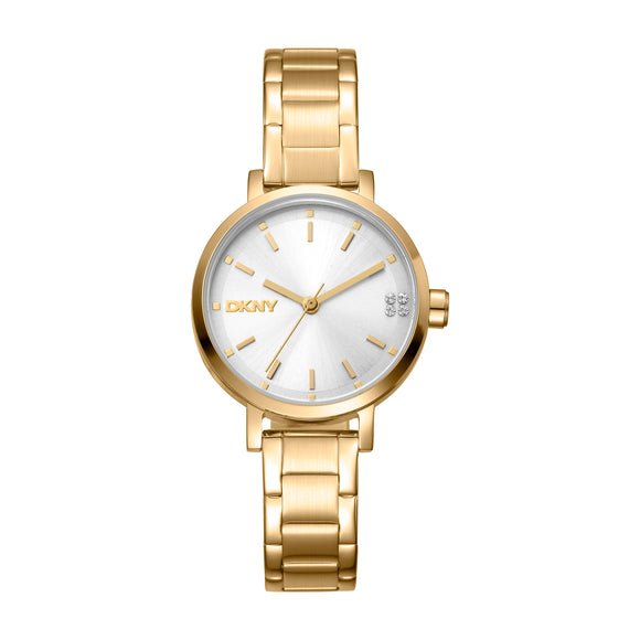 Small size ladies gold DKNY watch with linked bracelet and crystals at 3 o'clock, DKNY logo at 9 o'clock.