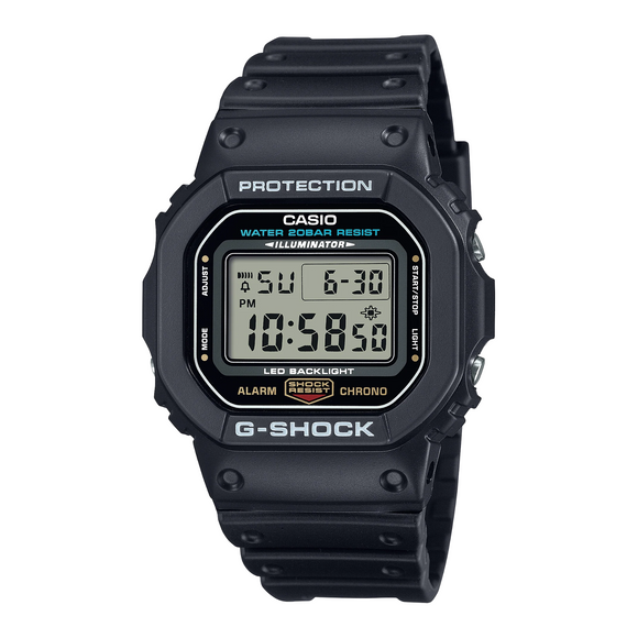 A black G-Shock digital watch with a resin band, digital display showing time, date, and various watch settings, and a resin bezel.