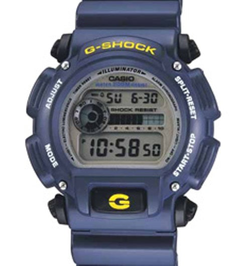 A blue G-Shock digital watch with a resin band and a digital display showing time, date, and various watch settings.