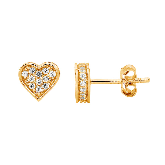 E419G Ellani Gold CZ Pave Heart Stud Earrings