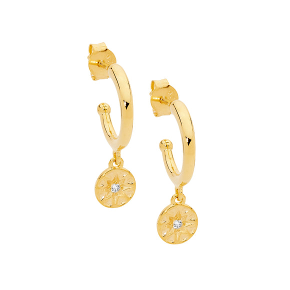 Sterling silver gold plated hoop earrings with cubic zirconia star disk drop from Ellani Collections.