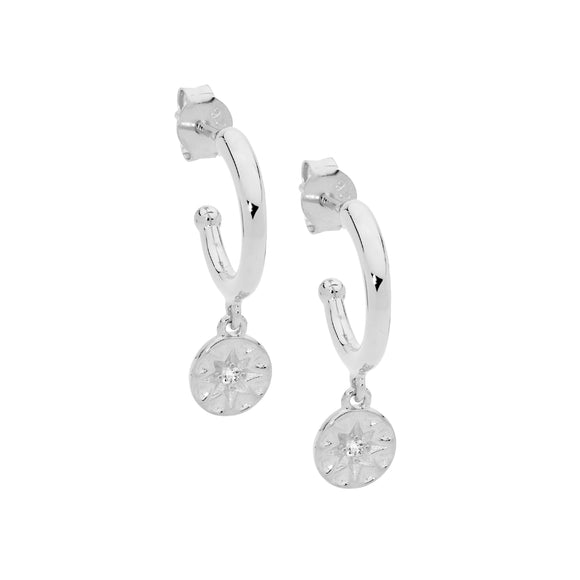 Sterling silver hoop earrings with cubic zirconia star disk drop, from Ellani Collections.