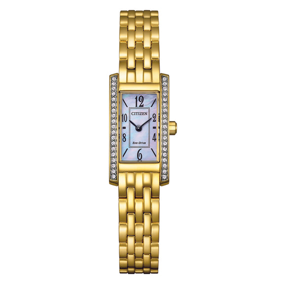 Designed for the contemporary woman, this exquisite watch features a gold-tone stainless steel case adorned with a bezel encrusted with sparkling diamonds.