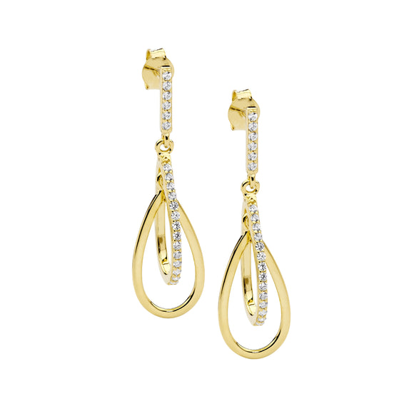 35mm drop earrings with cubic zirconias from Ellani Collections. Sterling silver gold plated.
