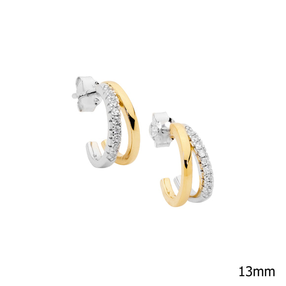 Sterling silver split hoop earrings with cubic zirconias and gold plating detail.  Free delivery within NZ.