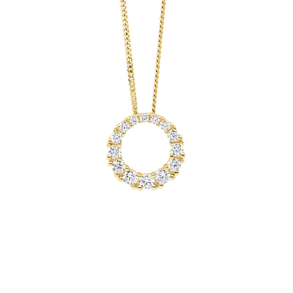 Sterling silver 13mm open circle pendant with sparkling cubic zirconias and gold plating.