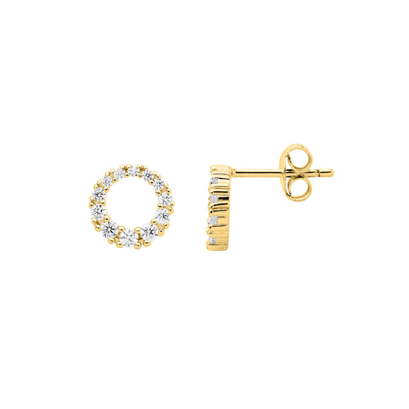 Sterling silver gold plated 9mm open circle stud earrings with sparkling cubic zirconias.