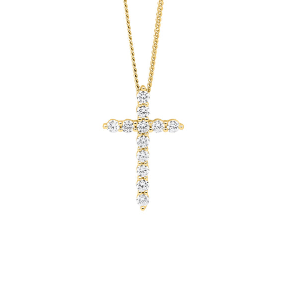Sterling silver gold plated 19mm cross pendant with sparkling cubic zirconias.