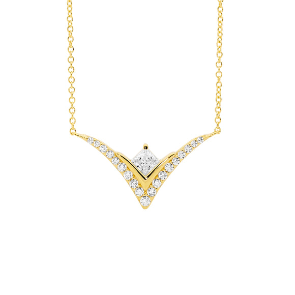 V Shaped sterling silver gold plated pendant on necklace with sparkling cubic zirconias.