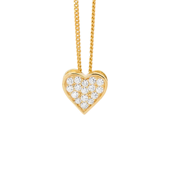 Ellani sterling silver Pave heart pendant on necklace with 18ct Gold Plating and sparkling cubic zirconias.