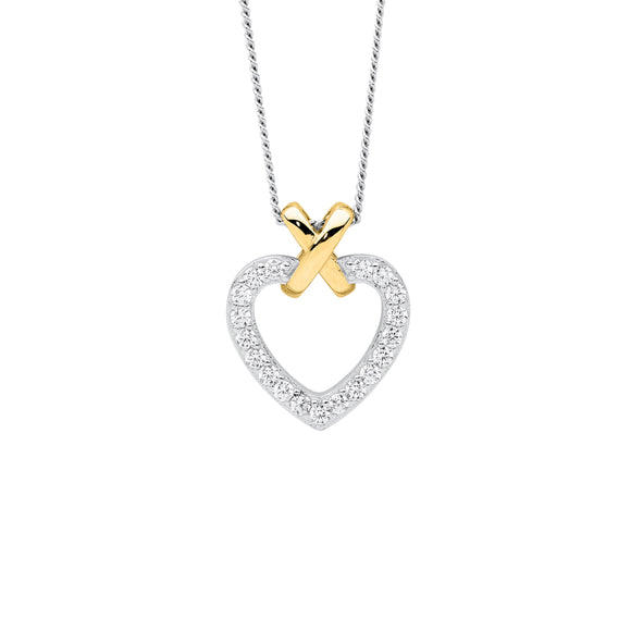 Sterling silver pendant with cubic zirconia and gold plating details. Adorable heart and kiss design. Complete with chain.