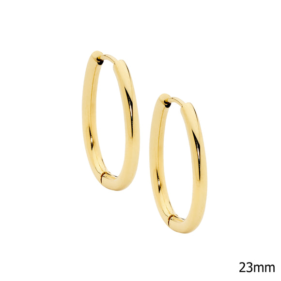 Stainless steel 23mm hoop earrings with IP gold plating from Ellani Collections.  Great value and hard wearing.