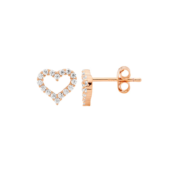A pair of rose gold-colored stud earrings with an open heart design and cubic zirconias.