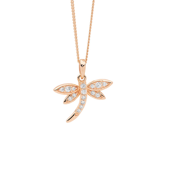 Sterling silver dragonfly pendant with cubic zirconias and rose gold plating. Dragonflies symbolize transformation, adaptability, and self-realization across many cultures.