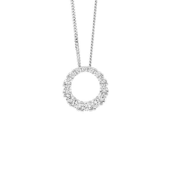 Sterling silver 13mm open circle pendant set with cubic zirconias.