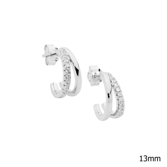 Sterling silver split hoop earrings set with cubic zirconias. Free delivery within NZ.