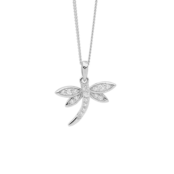 Sterling silver dragonfly pendant set with cubic zirconias.  Dragonflies symbolize transformation, adaptability, and self-realization across many cultures. 
